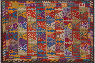 Flat Weave Kilim, Antique, Navaho, Vintage, Handmade, Geometric Kilim Red Brown Hand-Woven Rectangle 100% Wool Area Rug 6 x 10